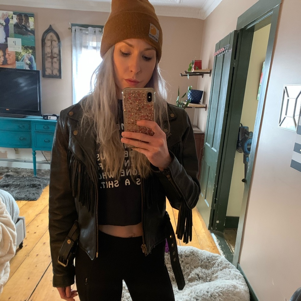 Vintage California Creations black fringe leather motorcycle jacket